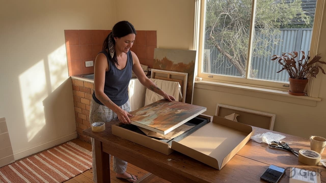 Artist placing a canvas into an open foam shipping kit