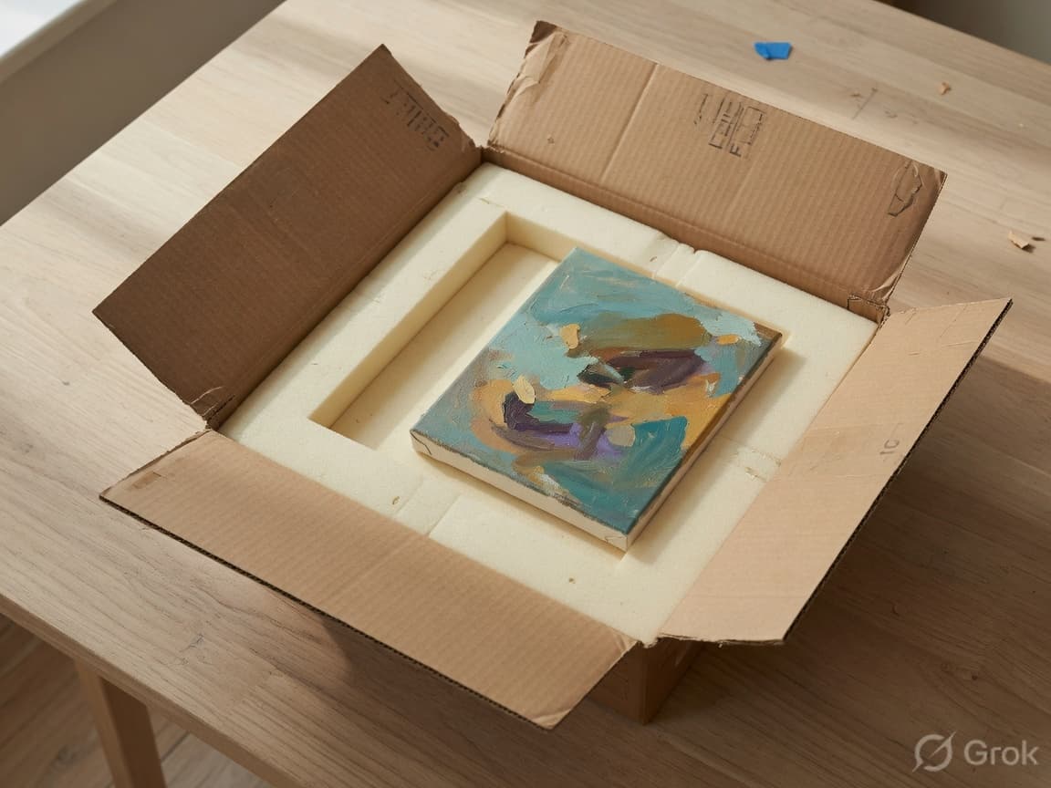 Open Smart Packing kit with foam cavity holding a painting